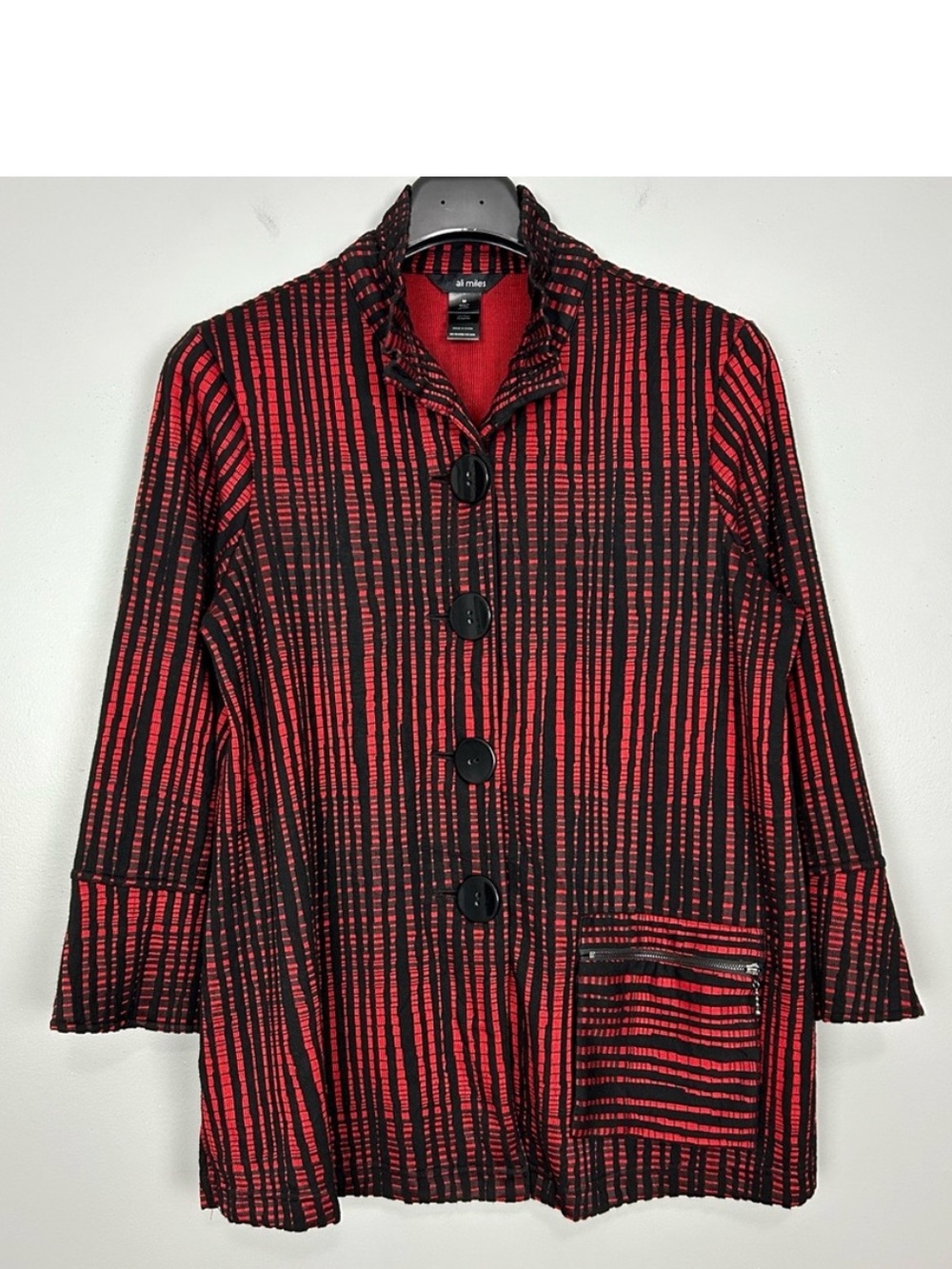 Ali Miles Textured Knit Jacket Women’s Size M Button Front Zip Pocket Boho Artsy
